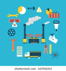 Working industrial process oncept flat with different tools and manufacturing equipment in the factory vector illustration