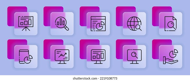 Working infographic set icon. Statistics, chart, diagram, document, gear, magnifier, clipboard, website, settings. Glassmorphism style. Vector line icon for Business and Advertising