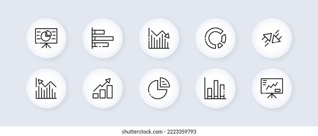 Working infographic set icon. Statistics, chart, diagram, document, gear, magnifier, clipboard, website, settings. Vector line icon for Business and Advertising
