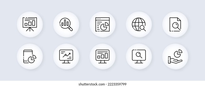 Icono de conjunto de infografía de trabajo. Estadísticas, gráfico, diagrama, documento, engranaje, lupa, portapapeles, sitio web, configuración. Icono de línea de vector para negocios y publicidad