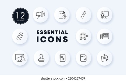 Working infographics set icon. Achievement, document, megaphone, seal, newspaper, stopwatch, ruler, statistics, target, magnifier, flipchart, contacts. Business concept. Neomorphism. Vector line icon.