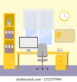 Working interior with a computer and a cabinet. Bright office with a window. Stickers for entries. Office workplace. Time to work. Vector illustration.