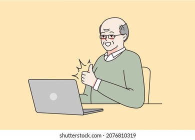 Working in internet and technologies concept. Smiling mature elderly man in glasses sitting at laptop showing thumb up sign with finger vector illustration 
