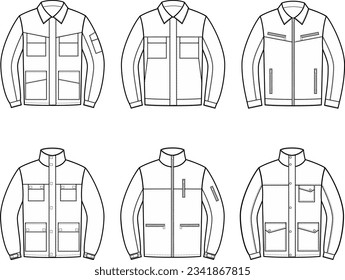 La chaqueta de trabajo de los hombres. Establecer. CAD de moda. Ilustración vectorial.