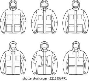 Working jacket with hood flat sketch. Work wear apparel design. Front view. Men CAD mockup. Fashion technical drawing template. Vector illustration.