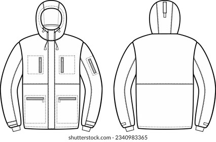 Esbozo plano de la chaqueta de trabajo. Delante y atrás. CAD de moda. Ilustración vectorial.