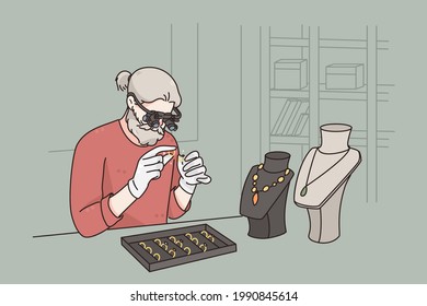 Working as jeweler in jewerely store concept. Grey haired man cartoon character sitting examining diamond with special glasses working as jeweler vector illustration 