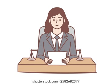 Working as judge in court concept. Serious woman judge sitting and processing sitting trial with official papers finishing process. Hand drawn style vector design illustrations.
