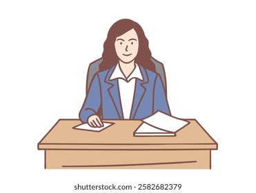 Working as judge in court concept. Serious woman judge sitting and processing sitting trial with official papers finishing process. Hand drawn style vector design illustrations.
