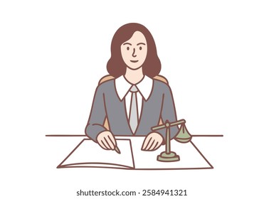 Working as judge in court concept. Serious woman judge sitting and processing sitting trial with official papers finishing process. Hand drawn style vector design illustrations.
