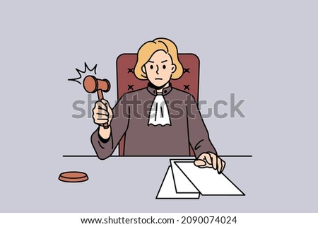 Working as judge in court concept. Serious woman judge sitting and processing sitting trial with official papers finishing process vector illustration 