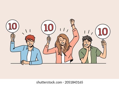 Working as jury of contest concept. Group of young smiling people sitting and showing signs with ten points scores greeting participant vector illustration 