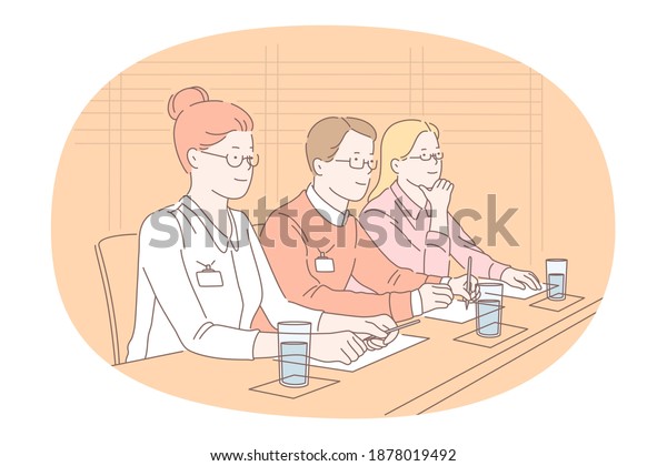 Working of jury of entertainment\
event concept. Young smiling women and man jury siting with\
document papers watching show and scoring making marks with pen\
together 
