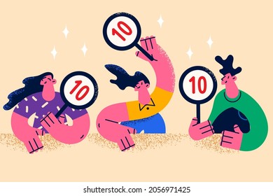 Working jury in entertainment show concept. Group of young smiling people sitting and showing signs with ten points scores greeting participant feeling excited vector illustration