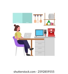 Working in Kitchen, Flat Vector Illustration