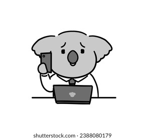 Working koala character talking on the phone while operating a PC.