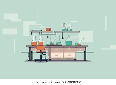 Herramienta de laboratorio de trabajo en equipo de exhibición de laboratorio científico con acentos de tubo de prueba y frasco en estilo gráfico plano 