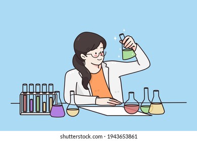 Working in laboratory, scientific experience concept. Young smiling woman cartoon character sitting and mixing ingredients in flasks in lab for experiment vector illustration 