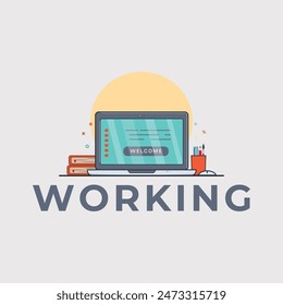 working with laptop for business or social media logo vector illustration design