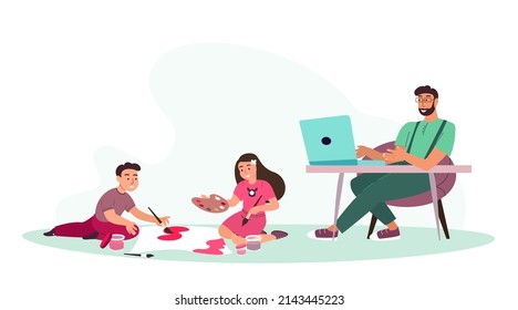 Working with Laptop Busy father in decree and painting children,daughter and son. Father spend time with children even Working. Family together. Alone Dad. Cartoon People Vector Illustration