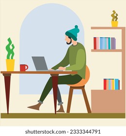 working with laptop in cafe illustration