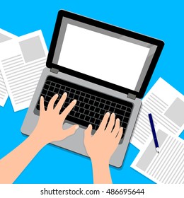Working with laptop. hands typing a message in social networks.  illustration top view of people work. 
