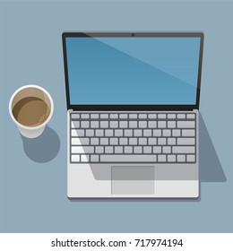 Working laptop with an open screen and coffee cup is on a flat surface and casts a shadows on it. View from above. Vector illustration in a trendy flat style