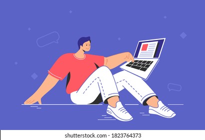 Working with laptop and typing text. Flat vector concept illustration of smiling man sitting on the floor with laptop and typing on keyboard to do a text document or fulfil online survey