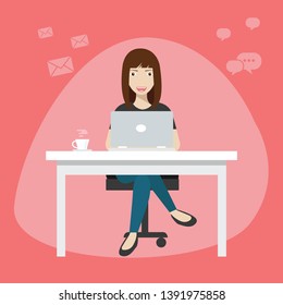 Working with laptop at workplace. Flat concept vector website template and landing page design of student studying at home with social media and education symbols such as chart, diagram, graph