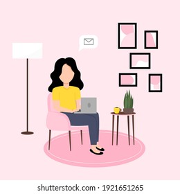 
Arbeit auf Laptop, flache Vektorgrafik, Wohnzimmerdesign, junge Frau, die arbeitet