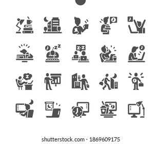 Working late. Businessman with laptop computer typing at night office. Feeling drained. Workplace, business, overwork, people, deadline. Vector Solid Icons. Simple Pictogram