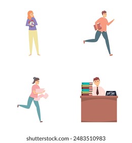Trabajando hasta tarde iconos conjunto de dibujos animados Vector. Empleado de oficina trabajando horas extras. Gestión del tiempo