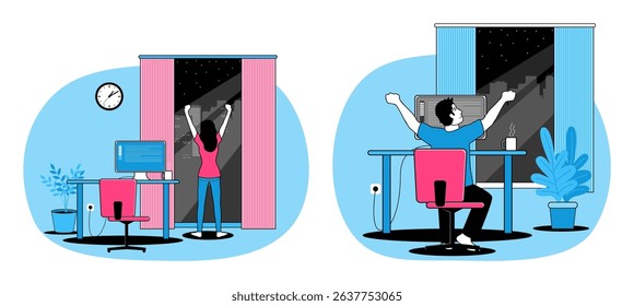 Working late at night vector illustration set, male and female