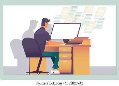 Working late, overtime office work and computer worker nights. Vector flat illustration