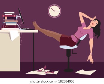 Working late. Tired woman sitting at the desk in an office late at night, vector cartoon