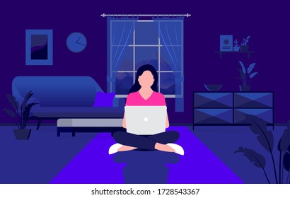 Working late - Woman at home with laptop computer working on the floor at night time. Work from home, late hours, overtime and quarantine concept. Vector illustration.