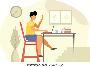 Working and learning from home flat vector illustration. A man doing an online conference while sitting and using a laptop. WFH concept for poster, banner, flyer, or presentation.