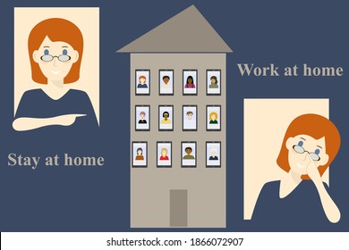 Working and learning at Home. Woman and man communicate online. Place for your text. Vector illustration