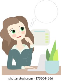 Working or learning process using laptop. Cute pensive girl sitting behind table, thinking about work. Beautiful brunette office secretary or accountant typing on her computer