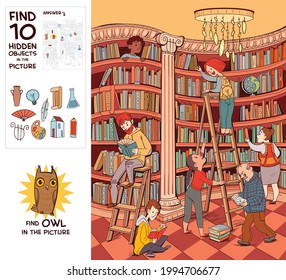 Working in the library. Great library hall. Find owl. Find 10 hidden objects in the picture. Puzzle Hidden Items. Funny cartoon character. Vector illustration. Set - Shutterstock ID 1994706677