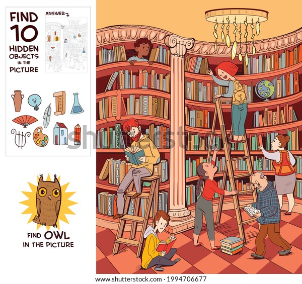 Working in the\
library. Great library hall. Find owl. Find 10 hidden objects in\
the picture. Puzzle Hidden Items. Funny cartoon character. Vector\
illustration. Set