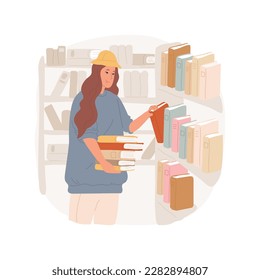 Working in a library isolated cartoon vector illustration. Beautiful teenage girl having first job in library, teen standing near bookshelf, summer work, row of books vector cartoon.