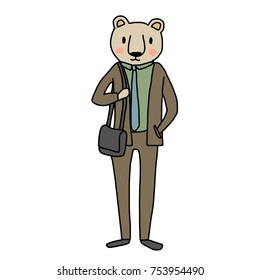 Working life concept with cute bear portrayed as businessman in suit carrying shoulder bag and waiting for a ride at bus or train station. Vector illustration with hand-drawn style.