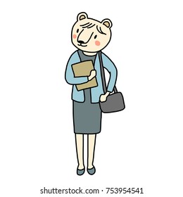 Working life concept with cute bear portrayed as businesswoman carrying shoulder bag, looking sideways and waiting for a ride at bus or train station. Vector illustration with hand-drawn style.