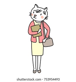 Working life concept with cute cat portrayed as businesswoman carrying shoulder bag, looking sideways and waiting for a ride at bus or train station. Vector illustration with hand-drawn style.