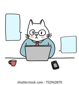 Working life concept with cute concentrated cat portrayed as businessman using laptop computer to finish his project at his desk. Word balloons included. Vector illustration with hand-drawn style.