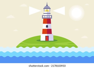 a working lighthouse on the island for the safety of ships. flat vector illustration.