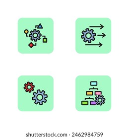 Working line icon set. Data processing, gear with arrows, hierarchy chart. Gears concept. Vector illustration for web design