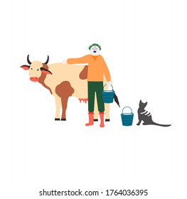 Working with livestock background. Modern illustration slider site page. A farmer milks a cow to get milk concept. Web banner farmer's work on the farm. Farmer tending his cattle vector image design.