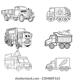 working machines. Garbage truck, vegetable truck, ice cream truck and pizza delivery. Vector cartoon sketches for colorin